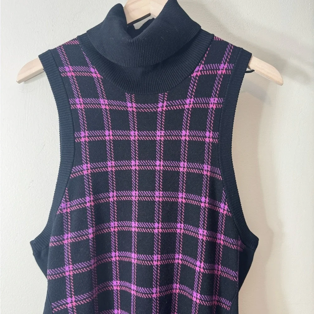 Toccin Peggy Sleeveless Plaid Knit Midi Dress Tie Waist XL Purple Multi